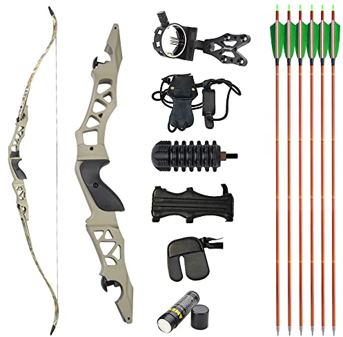 MILAEM 64 Bogenschießen Takedown Recurve Bogen und Carbonpfeil 30-50lbs ILF Metall Bogen Riser Langbogen Jagd Zielübung Erwachsener Bogen Rechtshänder (Grau, 35lbs)