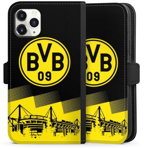 Klapphülle kompatibel mit Apple iPhone 11 Pro Handyhülle aus Kunst Leder schwarz Flip Case BVB Borussia Dortmund Stadion