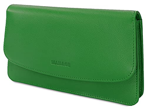 MANAGE Kosmetiktasche Damen mit Spiegel - Schminktasche klein aus echtem Leder - edle Clutch Grün 18,5x10x3,5cm