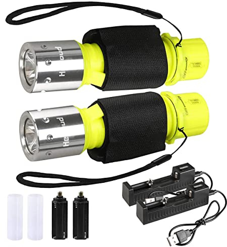 HECLOUD Diving Flashlight with Rechargeable Power Scuba Dive Light IPX8 Waterproof Underwater Flashlight Snorkeling Diving LED High Lumens Torch, 3 Modes with Charger for Underwater Sports(2Pack)