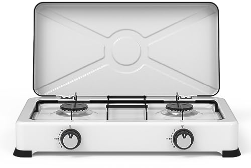 UNIVERSALBLUE Hornillo de Gas Portátil 2 Fuegos Blanco | Placa Cocina ideal para Camping, Picnic o Acampada