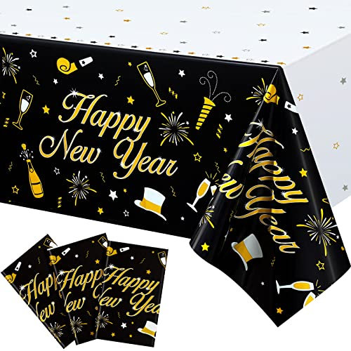 Sumind 3 Pack Happy New Year Tablecloths 54x108 Plastic Black Gold