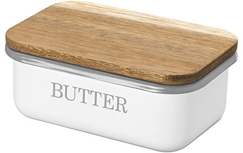 Navaris Eisen Butterdose mit Akaziendeckel - mit Silikon Dichtungsring - 15,5x10,5x6cm - für Butter und andere Lebensmittel - Butterschale weiß