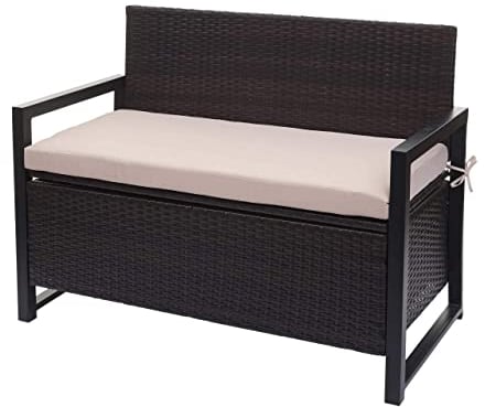 Mendler Poly-Rattan 2er Sitzbank HWC-F39, Gartenbank Truhenbank, Staufach Aufbewahrung Sitzkissen - braun, Kissen beige
