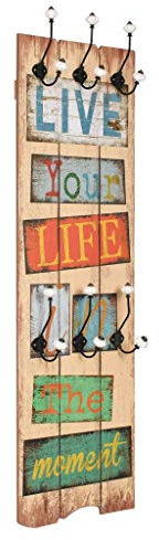 Vintage Wandgarderobe Holz Design mit 6 Haken Garderobe Paneel mit Motiv 120 x 40 cm Shabby Chic Landhaus Schriftzug Reisen Bunt LIVE LIFE