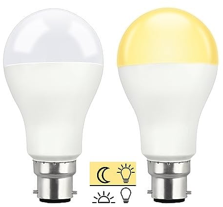 Dusk to Dawn Sensor Light Bulbs B22 12W LED Warm White 3000K, 1000LM, Auto on/Off Outdoor Light Bulbs BC Bayonet Cap, Twilight Bulbs for Porch Ceiling Lights, Security Lighting, Pack of 2
