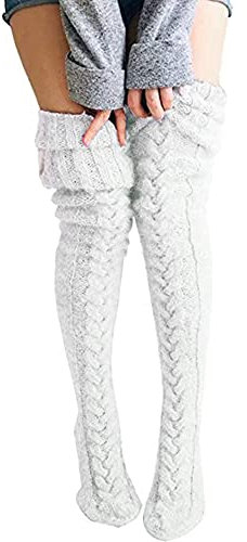 Acrawnni Womens Girls Winter Cable Knit Over Knee Socks Thigh High Long Boot Socks Stocking Leg Warmer B-Creamy-White
