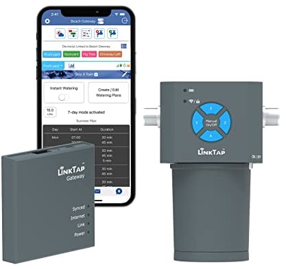 LinkTap 4 Zonas ValveLinker y Gateway - Programador de Riego Inteligente a Pilas, Conciencia Climática, Mayor Alcance Que WiFi, Compatible Con LinkTap Temporizador de Riego Automatico, Alexa, IP66