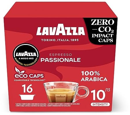 Lavazza, A Modo Mio Espresso Passionale, 96 Coffee Capsules, with Aromatic Notes of Caramel and Chocolate, 100% Arabica, Intensity 11/13, Dark Roasting, Compostable, 6 Packs of 16 Compostable Pods