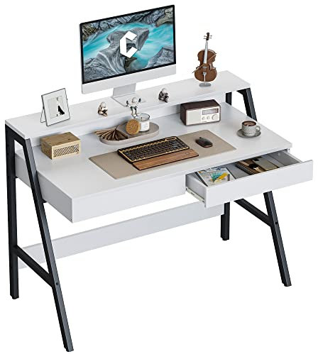 CubiCubi Computer Desk with 2 Storage Drawers, 47 inch Home Office Desk with Monitor Stand, Writing Study Table, White