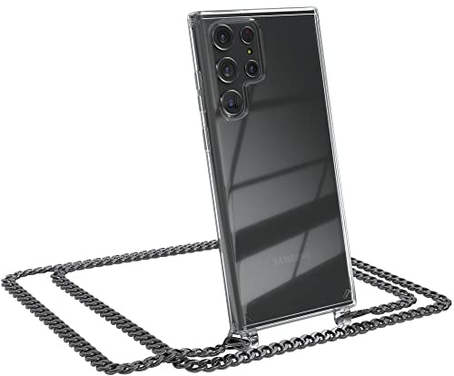 EAZY CASE Handykette kompatibel mit Samsung Galaxy S22 Ultra 5G Handyhülle mit Metal Umhängeband und Ersatz Kordel schwarz, Handykordel mit Schutzhülle, Stylische Kette, Metal - Anthrazit