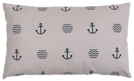 Seaside No.64 - Maritimes Kissen mit Ankern und Wellen für Couch, Bett, Boot, Terrasse - Creme/weiß mit blauen Symbolen - in der Größe 30cm x 50cm - mit Reißverschluss - waschbar bei 30°