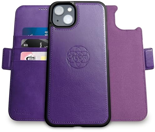 Dreem Vegan Leder Handyhülle für iPhone 14 Plus, Magnetisch & Abnehmbar | Integrierter Handyhalter, RFID-blockierende Kartenhülle, Klapphülle, MagSafe-kompatibel, Geschenkbox [Fibonacci: Lila]