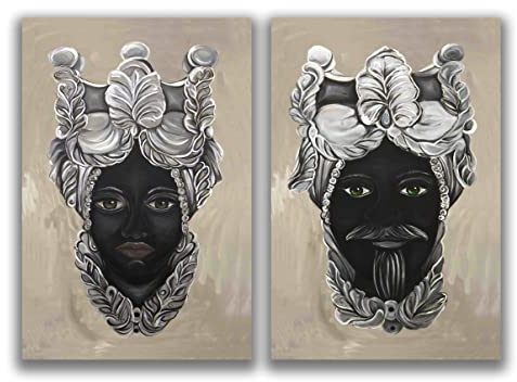 DIAMOND HOME Dipinto a Mano Acrilico su Tela Struttura in legno | Quadro Materico Rettangolare con Dettagli in Rilievo | Set da 2 Dipinti (65 x 100 CM) Made in Italy SET TESTE DI MORO BROWN