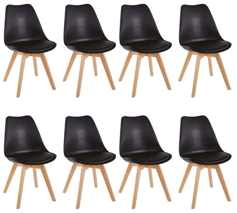 HJhomeheart Esszimmerstühle 8er Set, Skandinavische Küchenstühle Design, Sitzfläche aus Kunstleder, mit Massivholz Beinen, Gepolsterte armlose Stühle (Schwarz-8)