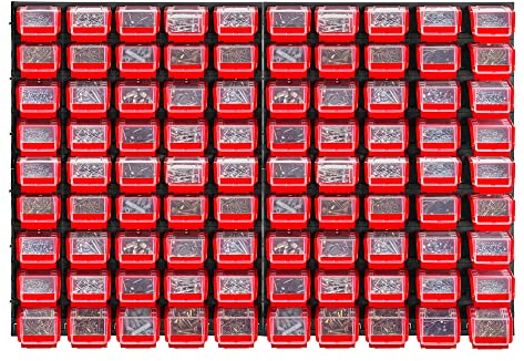 KADAX Werkstattwandregal, 116x78cm Lagersystem aus robustem Kunststoff, UV-Resistentes Werkstattregal, Erweiterbare Wandplatten, Schüttenregal für Garage, (Rot, 90 TLG.)
