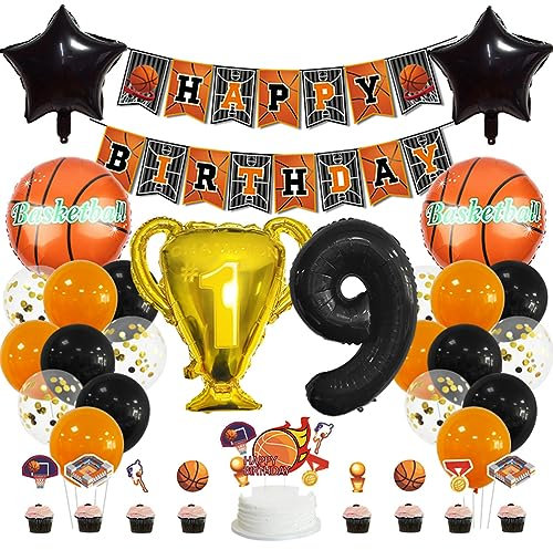MiaLover 9 Jahr Geburtstag Dekoration Set Happy Birthday Banner Trophäe Folienballon Basketball Luftballon Latexballon Tortendekoration für 9.Geburtstag Basketball Themen Party Deko