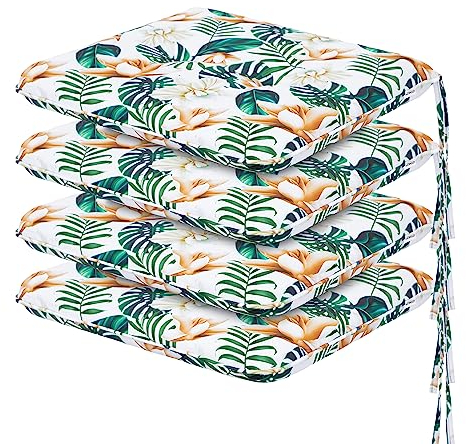 PillowPrim Kissen für Stuhl - Sitzkissen - Für Gartenliebhaber & Balkonbesitzer - Hoher Sitzkomfort für Stühle & Bänke - Set mit 4 Kissen, Weiße Blumen, 50x43x6 cm