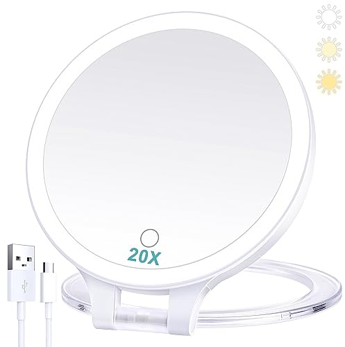 B Beauty Planet Kosmetikspiegel mit Beleuchtung 20fach,doppelseitiger 1x/20x kompaktspiegel,mit verstellbarem Klappgriff,kosmetikspiegel mit vergrößerung,wiederaufladbar, 3 Farblichter