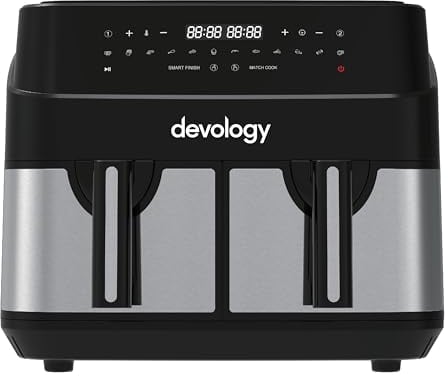 Devology Double Air Fryer, 10L, 2x5L Dual Zone, 50 Recipe Cookbook, 12 Cooking Programs, Digital LED Display, Two Zone,Healthy Oil-free Fryer, Non Stick, Dishwasher Safe Appliance