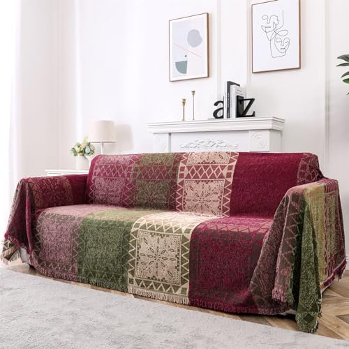 XHDZSW Chenille Überwurf Decke, Bohemian Jacquard Quasten Überwurf Decke Sofa Stuhl Bezug Dekorative Wendedecke für Bett Couch, Sessel, Büro,Reisen, Zelten dekorativ (GrüN Rot,4 Sitzer)
