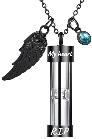 OTXIXTO Personalisierte Zeitlose Sanduhr Asche Halskette mit Gravur Text/Engels Flügel/Geburtsstein Denkmal Einäscherung Urne Schmuck Andenken für Männer/Frauen/Haustier Asche (A2: Schwarz)