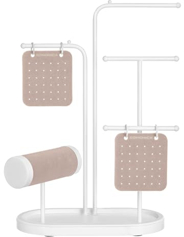SONGMICS Schmuckständer, Schmuckhalter, Schmuckaufbewahrung, Metallrahmen, 2 kleine Ohrring-Organizer, 4 Hängestangen, Kettenständer, für Ohrringe, Armbänder, Ringe, wolkenweiß JJS025W01
