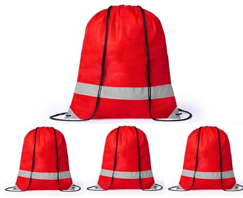 noTrash2003 4 Stück Kordelzug Turnbeutel mit Reflektorstreifen Sportbeutel Sporttasche Rucksack Wasserdichter Beutel Gym Bag für Damen Herren Jungs Mädchen Teenager Sicherheit im Dunklen (Rot)