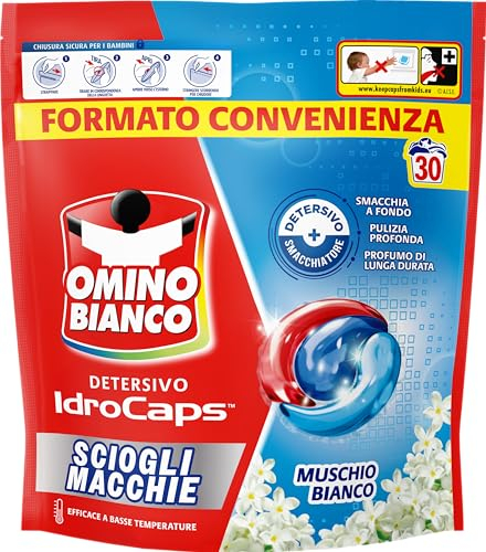 Omino Bianco Idrocaps - Detersivo Lavatrice In Capsule Sciogli Macchie, 120 Lavaggi, Efficace a Basse Temperature, Profumo Muschio Bianco, 30 Caps x 4 Confezioni