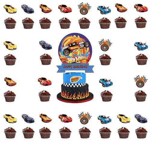 25 Stück Hot Wh-els Tortendeko Jungen, Racing Car Cupcake Toppers, Boys Racing Car Cake Toppers, Happy Birthday Tortendeko für Jungen Geburtstag Party Kuchen Dekoration Supplies