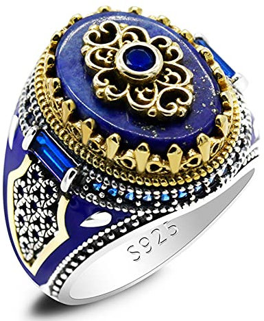 Vintage Kronenring mit natürlichem Lapislazuli-Stein für Männer, 925 Sterling Silber, Emaille, CZ-Ringe, türkischer Männerschmuck