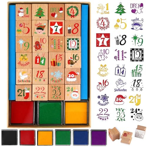 DPKOW 1-24 Stempel Adventskalender Zahlen aus Holz, Weihnachtskalender Stempel für Basteln mit Stempelkissen 6pcs, Deutsch Zahlen Stempel für Adventskalender Selber Machen DIY Adventskalender