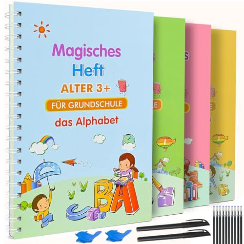 Ulikey Magische Vorschule Übungshefte ab 3 Jahre, 4 Stück Deutsch Magisches Heft mit 2 Magischer Stift, 10 Nachfüllungen, 2 Schreibhilfe, Wiederverwendbare Kalligraphie übungsheft für Kinder