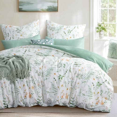 Aisbo Bettwäsche 200x220 3 teilig Bettdeckenbezug - Bettwäsche Set 220x200cm Blumen Grün Muster mit 2 Kissenbezügen 80x80 cm, Mikrofaser Bettbezug mit Reißverschluss, Bügelfrei und Weich
