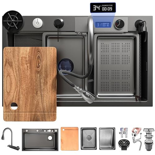 KOOGIMDDR 75x45cm Lavello In Acciao Inox Da Appoggio Nanorivestito, Lavello da cascata nero, lavello a cascata cucina multifunzionale, con Rubinetto Estraibile, rondella a tazza, e vari accessor