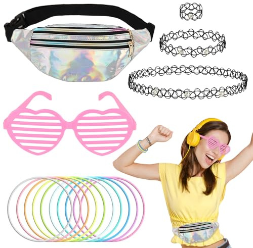 UxClishe 80s Fancy Dress for Women, 90s Fancy Dress Costume Accessories Set 90s Outfit with Waist Bag Heart Glasses Bracelet Choker Ring 1980s Neon Accessories for Retro Party Supplies Dress Up