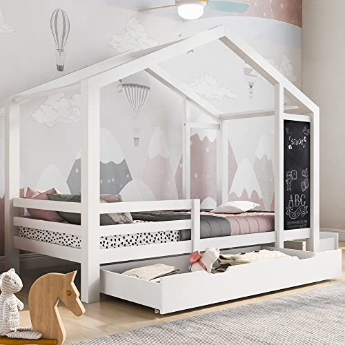 Kinderbett 90x200 cm Holzbett mit Tafel und 2 Schubladen, Massivholz Kinder Bett mit Rausfallschutz und Lattenrost, Hausbett für Jungen & Mädchen, Kinder Haus Bett Jugendbett, ohne Matratze, Weiß
