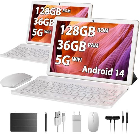 TIGERFU Tablet 10 Pulgadas Android 14, Tablet PC 5G WiFi, 36GB RAM+128GB ROM(TF 1TB), Octa-Core 2.0 GHz, BT5.0, Batería 8000mAh, 8MP+5MP, Widevine L1, Tableta 2 en 1 con Teclado, Lápiz, Funda - Dorado