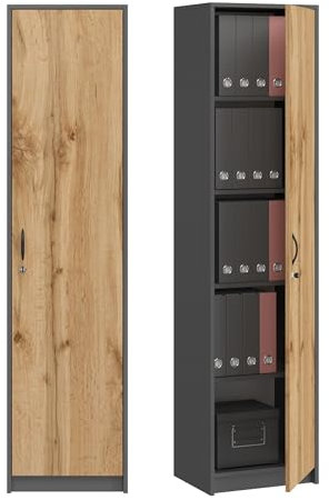 Armadio da ufficio con serratura, libreria, scaffale da ufficio, con 1 anta e 5 scomparti, universale, per ufficio e casa, 180 x 44,5 x 35 cm (grafite/rovere Wotan)