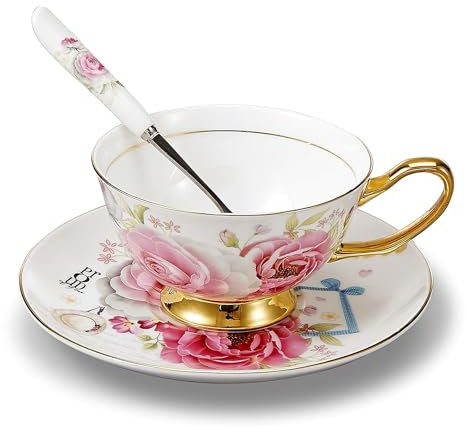 Touch Life Bone China Teacups/Coffee Cups Saucers Sets with Spoons-6.5Oz, Pink Rose Tea Cup Setfor Home or Office and Enjoying Hot Drinks, (White and Pink) with Gift Box