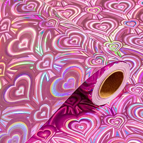Wikadlik Rosa holografisches Geschenkpapier, niedliche Herzen Geschenkpapier für Valentinstag, Muttertag, Hochzeit, Brautparty, Babyparty Party