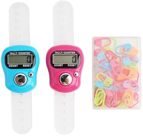 2 Stücke Elektronische Fingerzähler, Digitale Fingerzähler, Mini Elektronischer Reihenzähler mit 50 Bunte Strickmaschenmarkierer mit Häkel-Verschlussclip, Elektronischer Reihenzähler für Stricken
