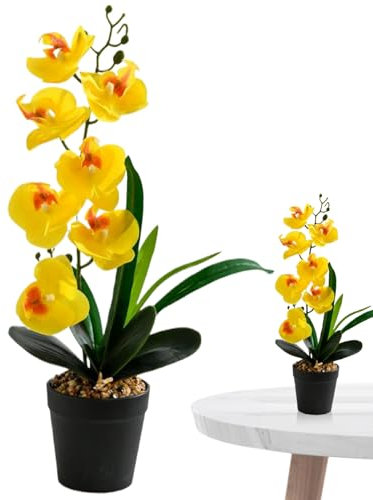NASSMOSSE Realistische falsche Orchidee im Topf, 17 Zoll gelbe Kunst Orchidee mit 7 Blumenköpfen und 4 Blättern, dekorative Seidenblumen für Zuhause und Hochzeit