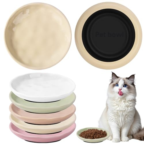 Vikcvcsc 5 Piezas Comedero Gato, Comedero Gato Ceramica con Base de Silicona Antideslizante, Cuenco Plano para Gatos, Alivia la Fatiga de la Barba, Cuenco Colorido para Gatos y Animales Pequeños