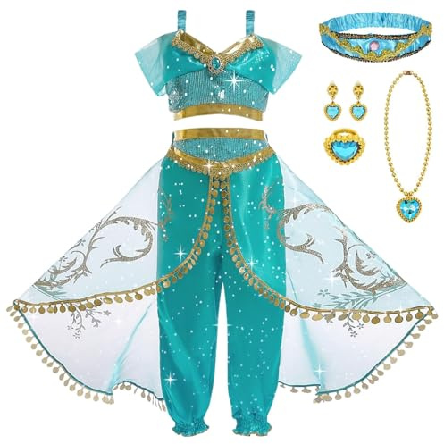 DiULi Costume de princesse Jasmine pour filles,Deguisement de Princesse Jasmine avec Accessoires de Bandeaux et colliers, Aladdin Costume pour filles Noël Halloween Anniversaire Fête Cosplay,140CM