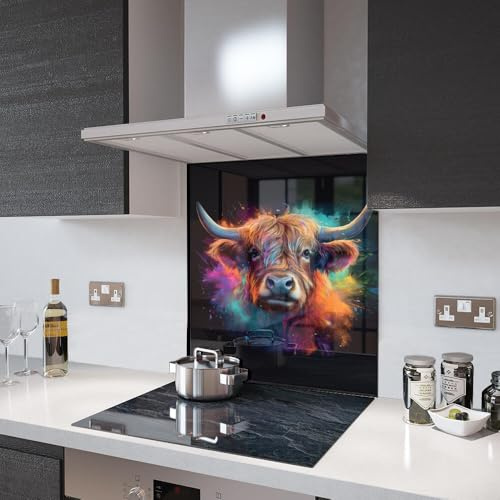 Glass Splashbacks Highland Cow On Black - Made By Premier Range in 60cm Wide x 75cm High