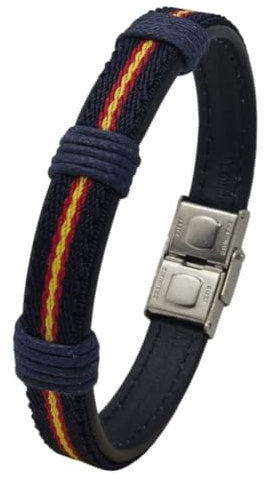 Pulsera de España de hombre para regalo - pulsera bandera españa - pulsera hombre cuero premium - Pulsera regalo hombre - 21 cm ajustable con cierre seguro. Pulseras hombre (NUDOS AZUL)