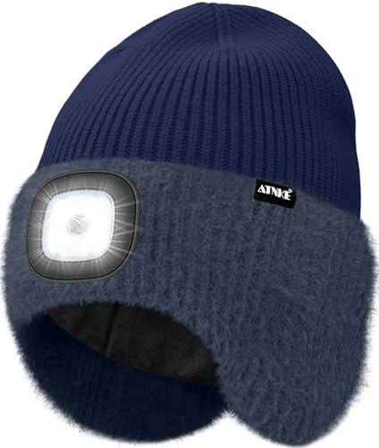 ATNKE LED Lumineux Bonnet Chapeau avec Cache Oreilles,USB Rechargeable 4 LED Course Chapeau Lampe Frontale Hiver Chaud Polaire Doublé Tricot Beanie Cadeaux pour Homme et Femme