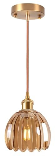 DLGLOLIN Suspension en Verre Ambre Fleur Vintage Laiton Doré Lustre Salon Moderne Éclairage de Plafond Art Déco Intérieure Suspendues Pour Salle à Manger Chambre Cuisine