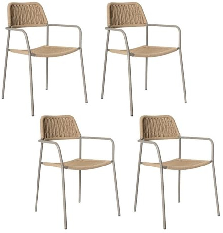 LOLAhome Pack de 4 Silla Deluxe Milos para jardín, Acero Gris y Cuerda Trenzada Beige, 55x55x83 cm, Ergonómica y Apilable, Tratamiento Anticorrosión y Duraderas, Calidad y Diseño